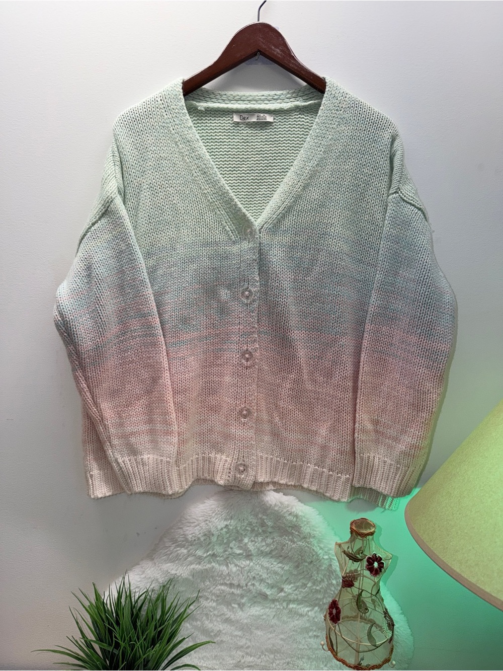 Dex Women's Gradient Knit Clear Button-Up Girlhoodcore Cardigan Mint to Blush 💞
